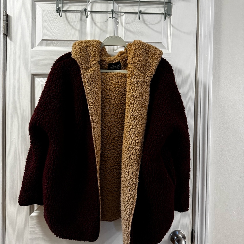 Sherpa Fur Fuzzy Jacket Burgundy and Tan